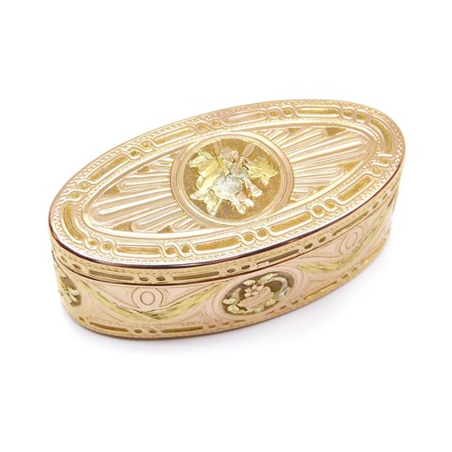 Louis XV coloured gold oval box by Jean-Baptiste Carnay, Paris 1764,
